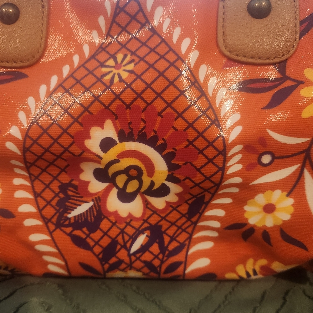 Envy orange,  purple, tan, and gold shoulder bag. Carried once. - Picture 4 of 8